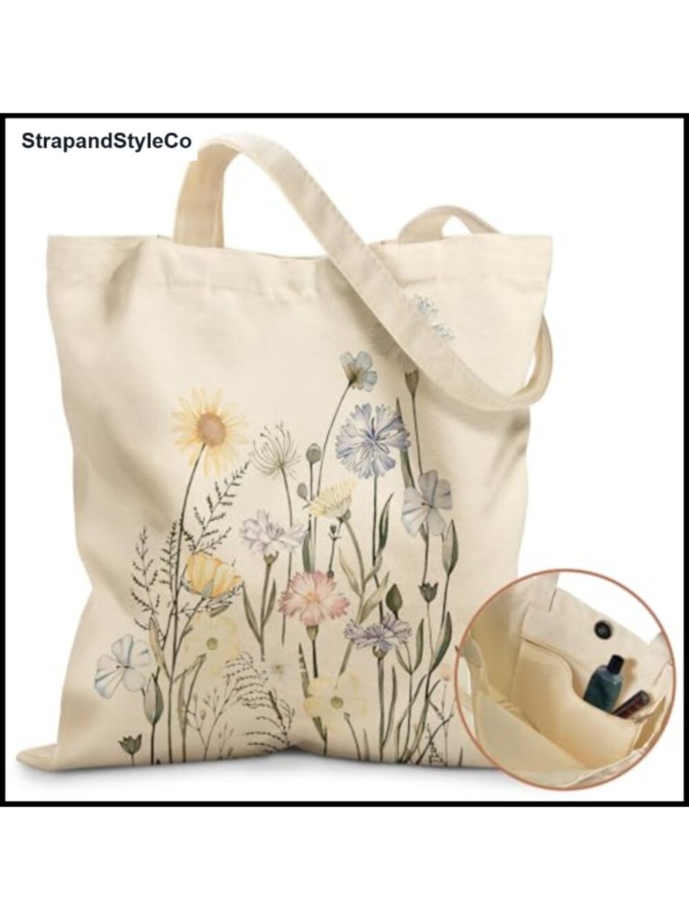 Canvas Cotton Tote Bag Magnetic Buckle Zipper Pocket Reusable